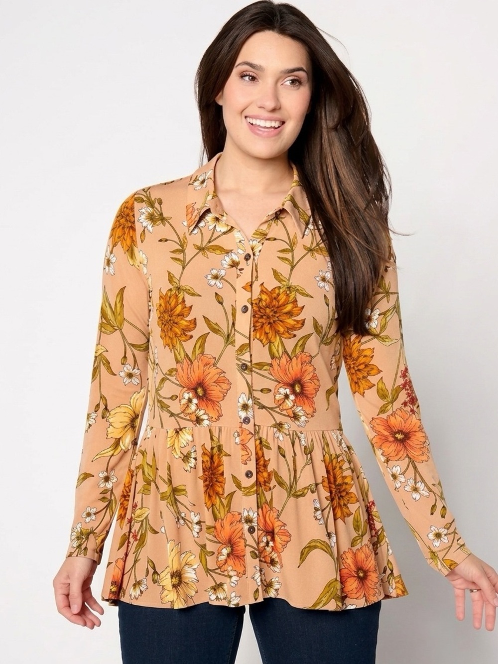 Susan Graver Floral Printed Romantic Peplum Cardigan Size XS Tan Floral
